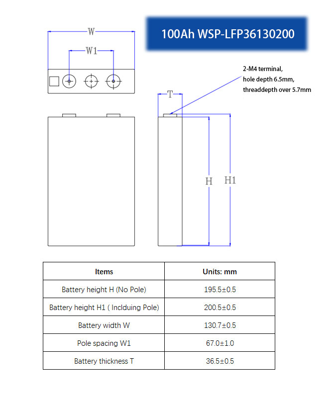 size of 100Ah WSP-LFP36130200
